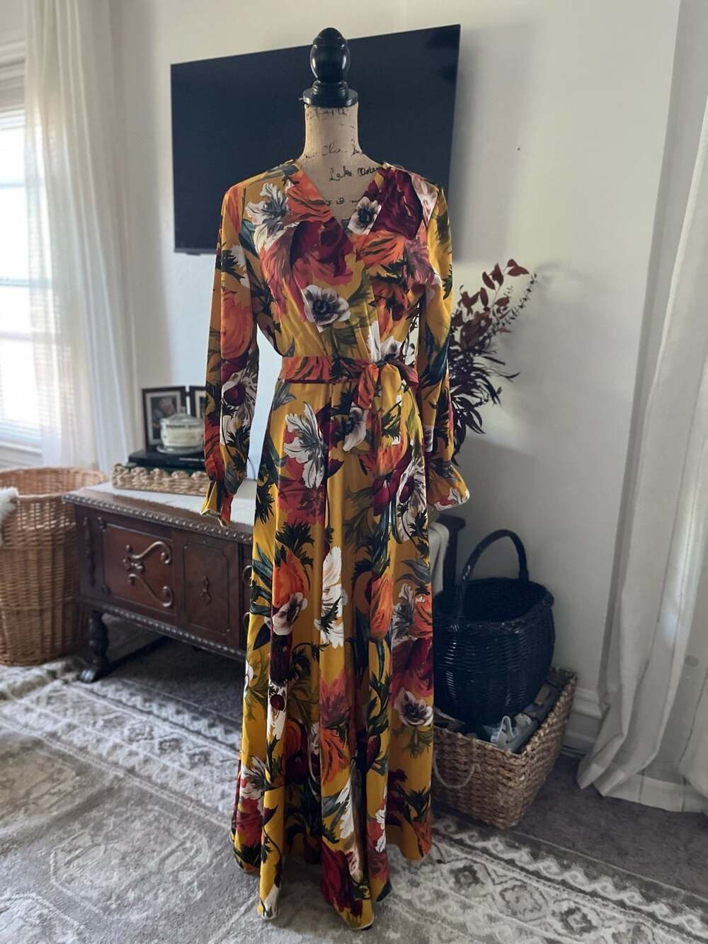 Dimu Collection Floral Maxi Dress Size 52 Yellow Wrap Long Sleeve
